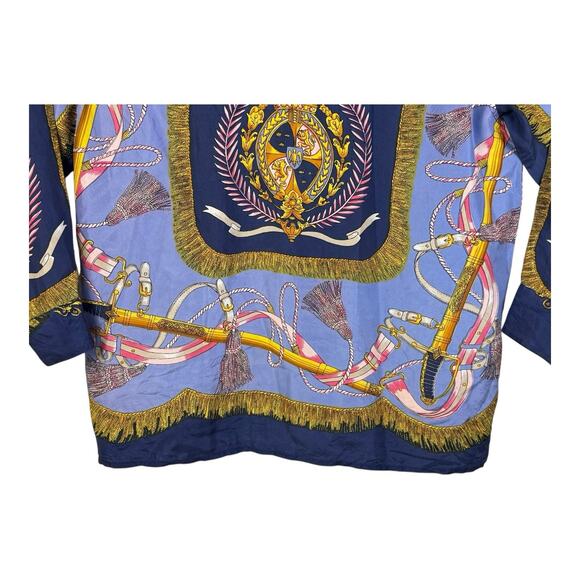 Vintage Stunt Collections Blouse 100% Silk Blue Tassel Ribbon Print Large 80s - Picture 7 of 13